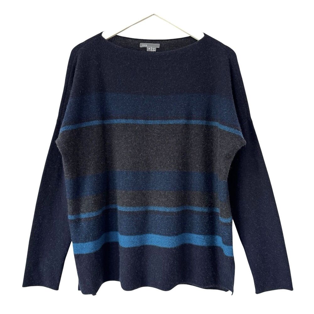Vince Cashmere Wool Blend Navy Blue Stripe Sweater Sz M Winter Minimalist Classy